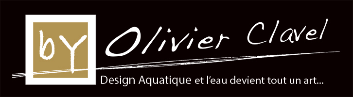 Logo By Olivier Clavel : "BY" dans un encadré doré, Olivier Clavel en script et une inscription dessous : "Design Aquatique et l'eau devient tout un art"